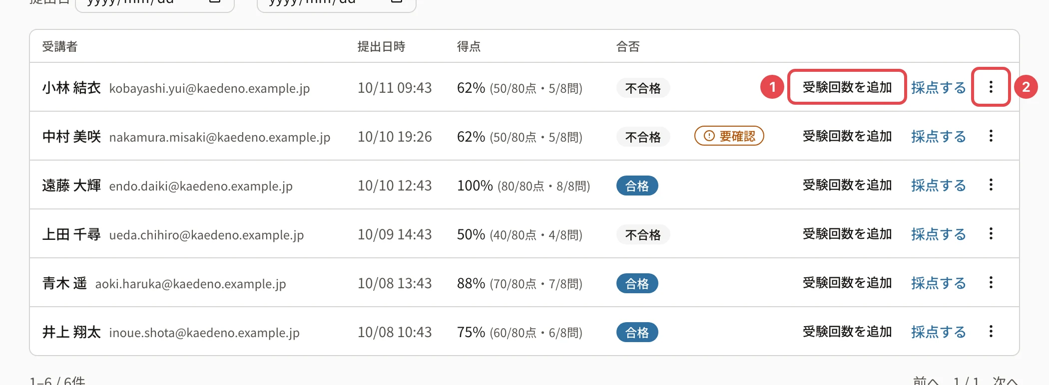 受験結果の一覧。1行目の「受験回数を追加」に番号1、︙のボタンに番号2の枠