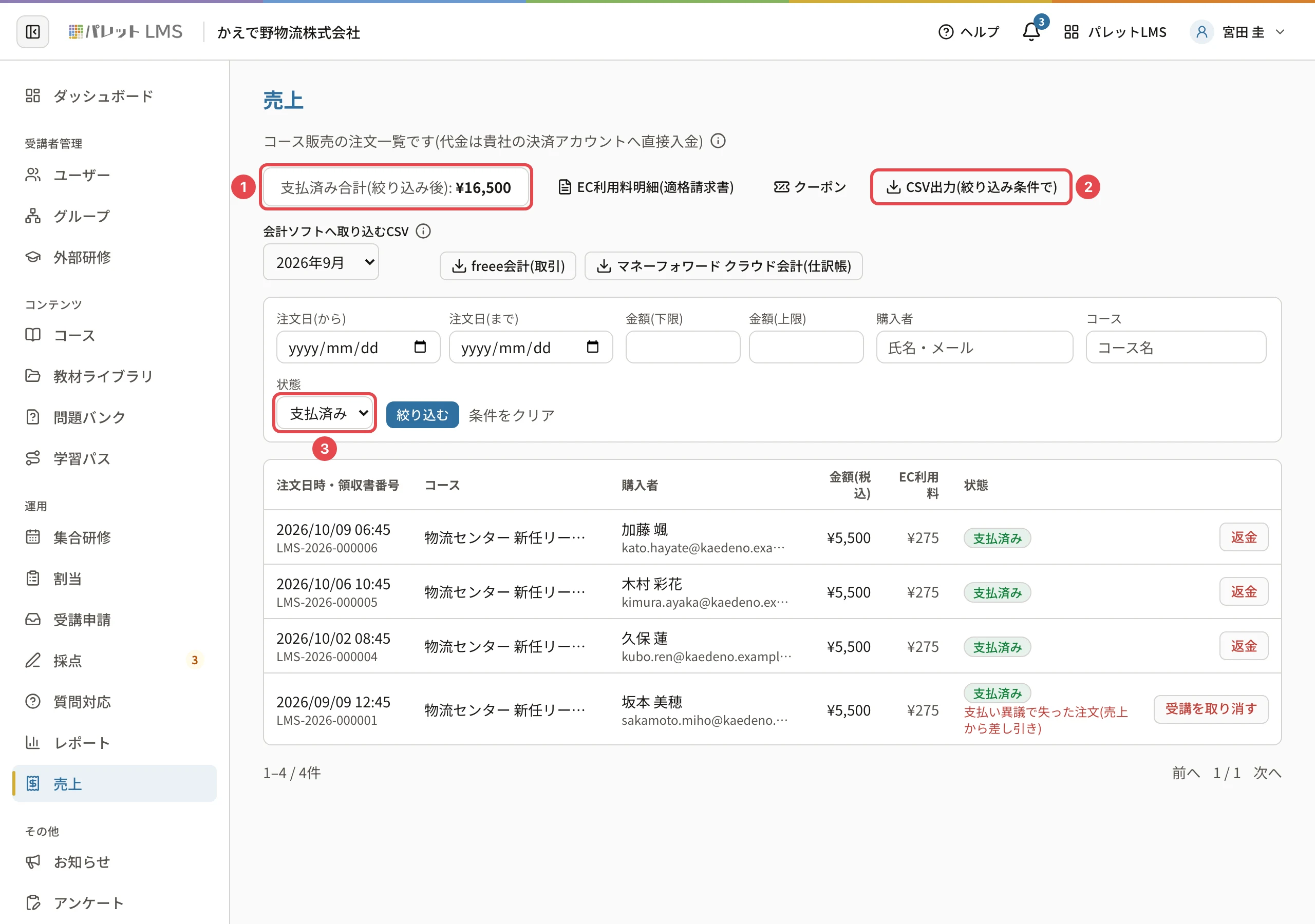 状態で絞り込んだ売上。「支払済み合計(絞り込み後)」に番号1、「CSV出力(絞り込み条件で)」に番号2、状態の欄に番号3の枠