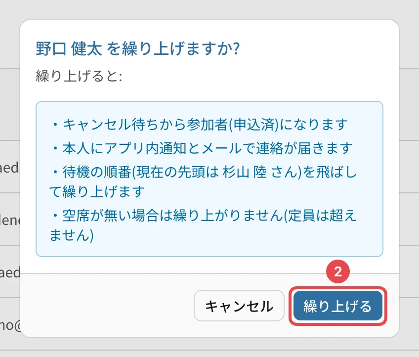 野口 健太 を繰り上げますか?の確認。キャンセル待ちから参加者(申込済)になります・本人にアプリ内通知とメールで連絡が届きます・待機の順番(現在の先頭は 杉山 陸 さん)を飛ばして繰り上げます・空席が無い場合は繰り上がりません。「繰り上げる」に番号2の枠