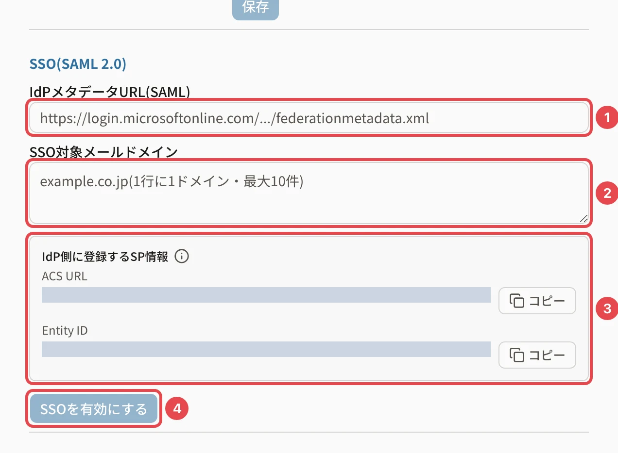 セキュリティのSSO(SAML 2.0)。IdPメタデータURLに番号1、SSO対象メールドメインに番号2、IdP側に登録するSP情報(ACS URL・Entity ID。伏せています)に番号3、「SSOを有効にする」に番号4の枠