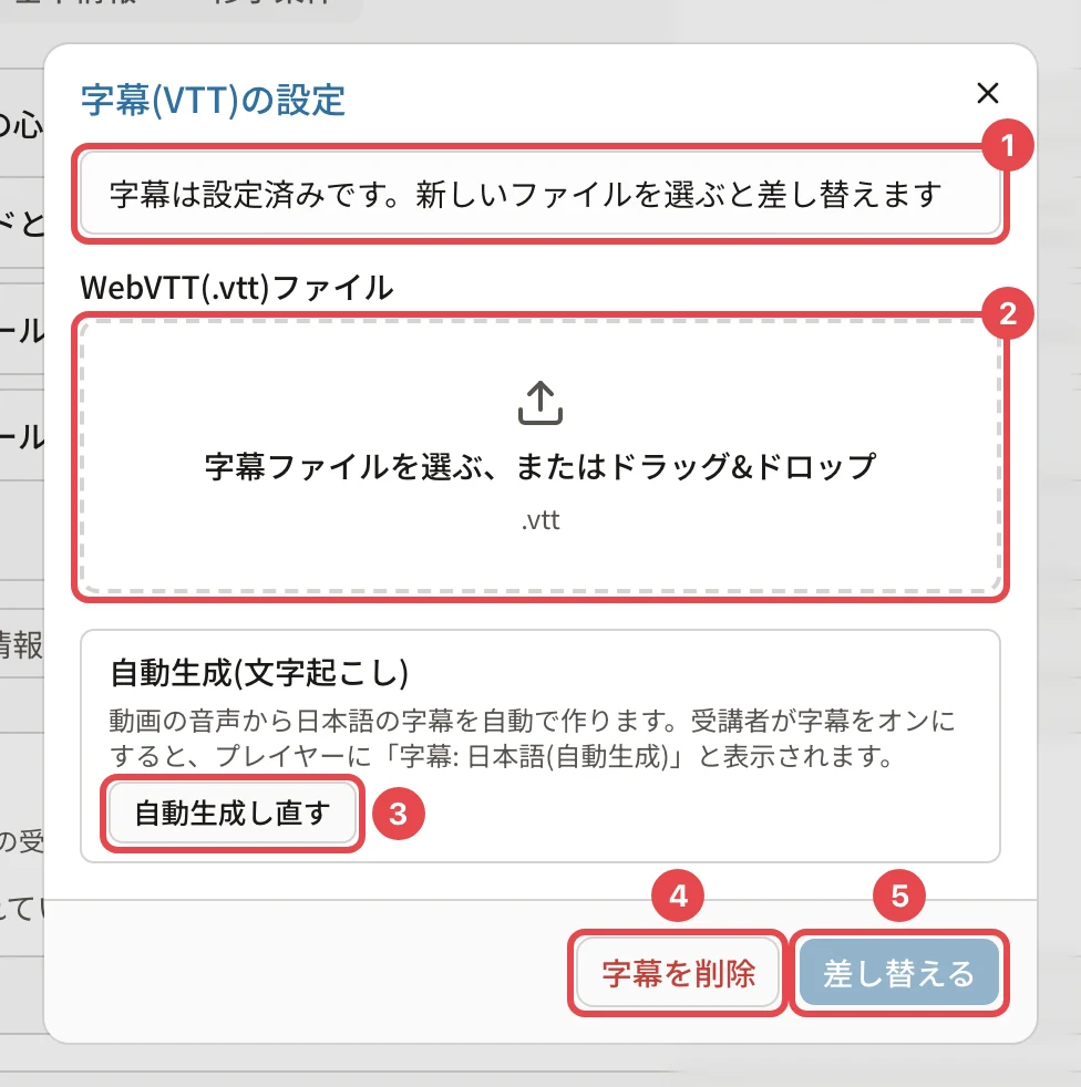 字幕が付いているときの「字幕(VTT)の設定」。「字幕は設定済みです。新しいファイルを選ぶと差し替えます」に番号1、ファイルの枠に番号2、「自動生成し直す」に番号3、「字幕を削除」に番号4、「差し替える」に番号5の枠