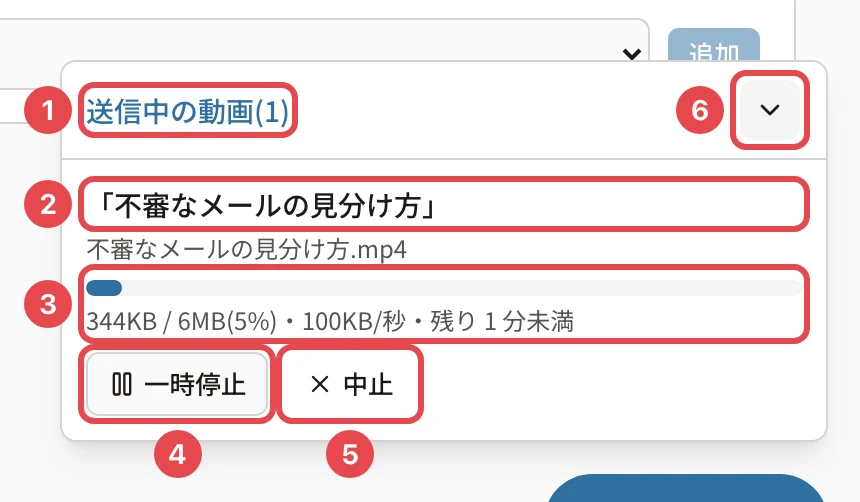右下の「送信中の動画(1)」の帯。「不審なメールの見分け方」の送信中の進み具合(344KB / 6MB(5%)・101KB/秒・残り 1 分未満)と「一時停止」「中止」