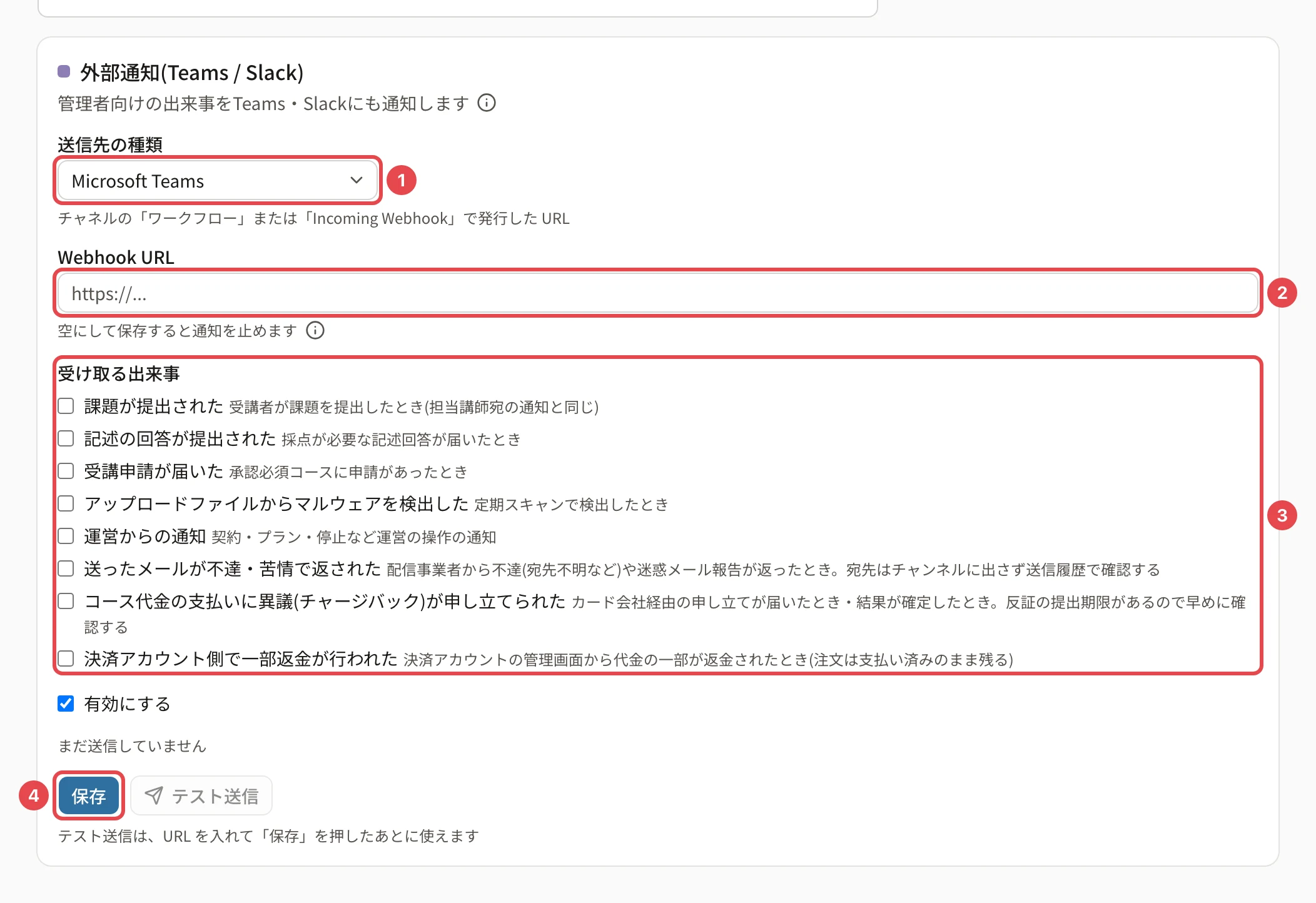 外部通知(Teams / Slack)のカード。送信先の種類「Microsoft Teams」に番号1、Webhook URL に番号2、受け取る出来事に番号3、「保存」に番号4の枠