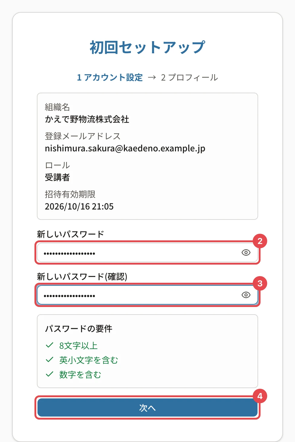 初回セットアップ 1 アカウント設定の画面。新しいパスワードに番号2、確認の欄に番号3、「次へ」に番号4の枠