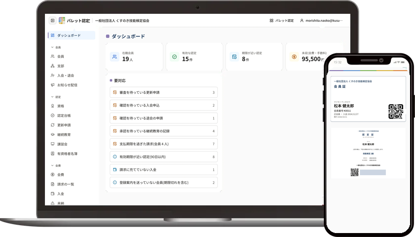 パレット認定の管理画面(ダッシュボード)と、会員のマイページの会員証・認定証